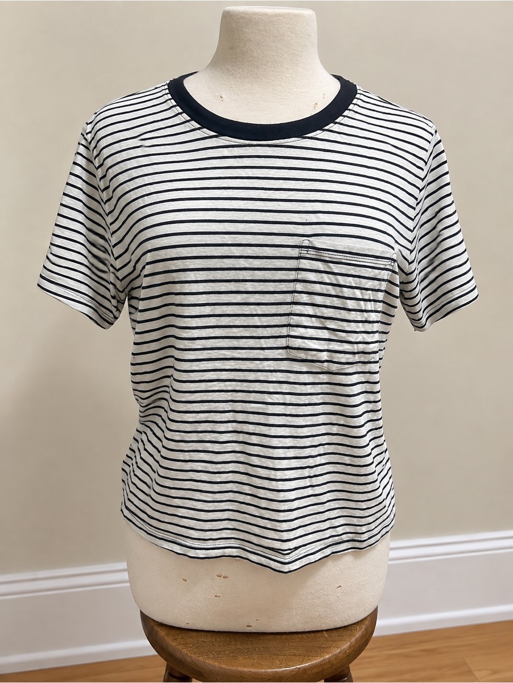 Striped Crewneck Short Sleeve Pocket Top - White & Black